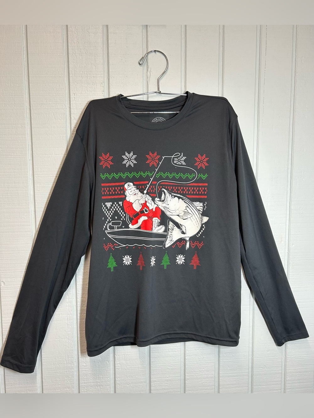 Vapor Apparel UPF 50 Christmas Fishing Santa Graphic Long Sleeve Tee - Gray